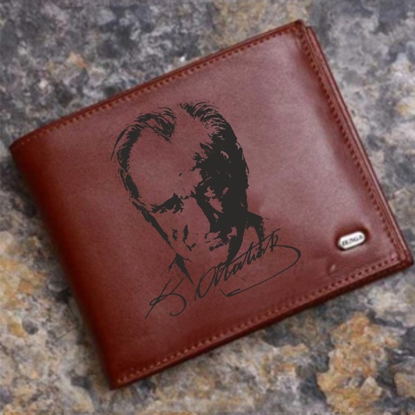 Atatürk Temalı Taba Rengi Deri Cüzdan, hediye cüzdan. cüzdan